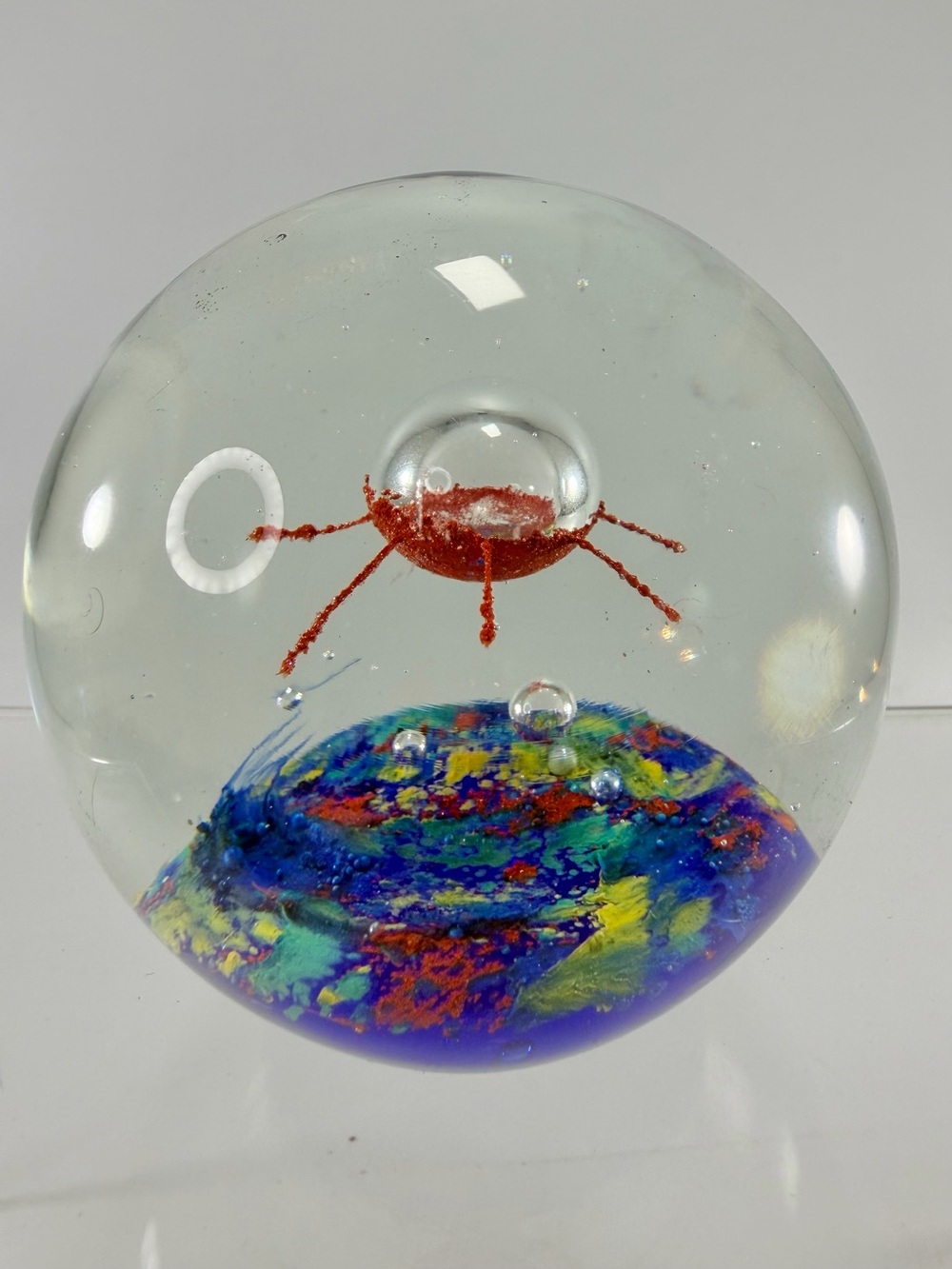 Handblown Art Glass Cobalt Blue Ocean Green Red 3” Paperweight Ameba Bubbles